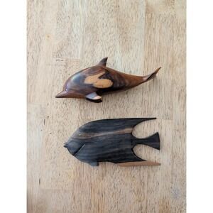 Pair Of‎ Vintage Wooden Dolphin And Fish Carvings